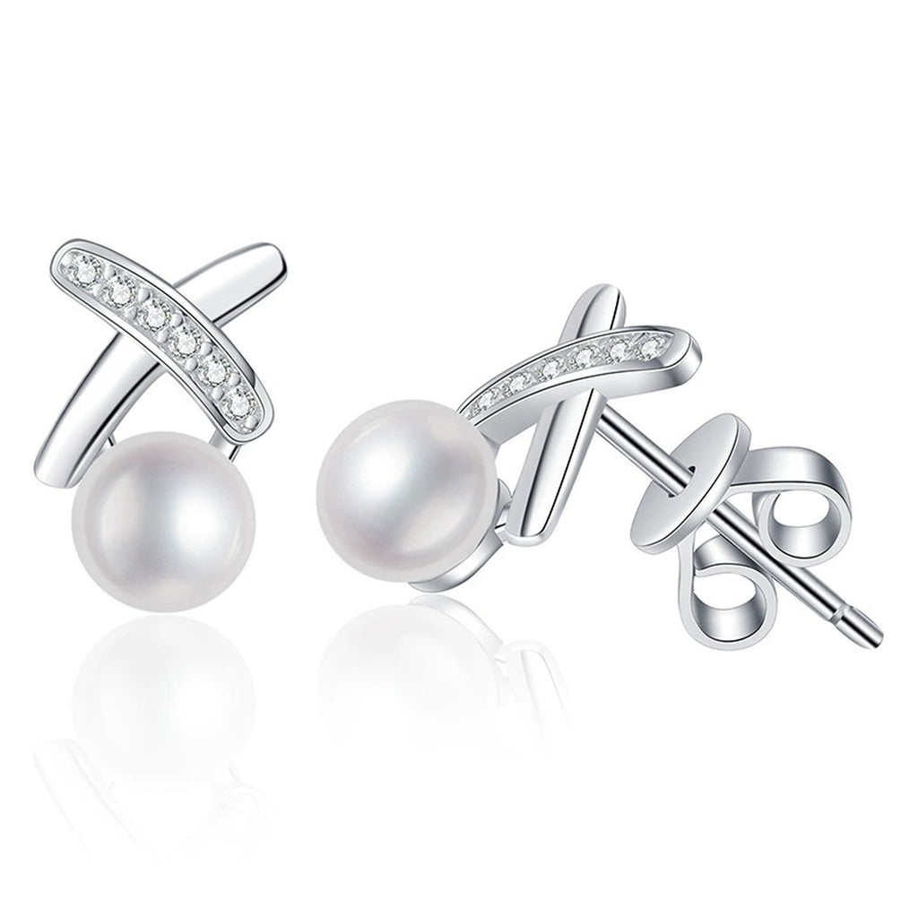 Cross Pearl Stud Earrings with CZ in White Gold-Plated S925 Sterling Silver on clean white background showing a cross-accent pearl stud silhouette