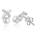 Cross Pearl Stud Earrings with CZ in White Gold-Plated S925 Sterling Silver on clean white background showing a cross-accent pearl stud silhouette