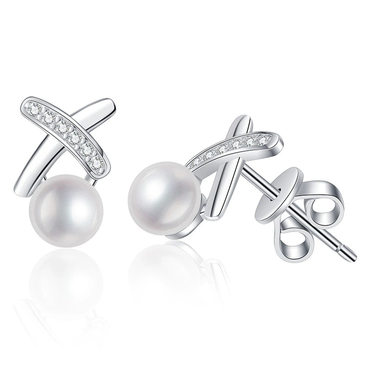 Cross Pearl Stud Earrings with CZ in White Gold-Plated S925 Sterling Silver on clean white background showing a cross-accent pearl stud silhouette
