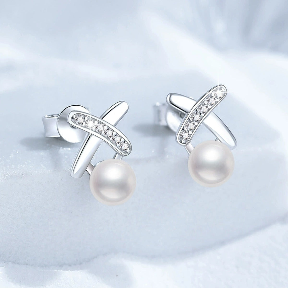 Cross Pearl Stud Earrings with CZ in White Gold-Plated S925 Sterling Silver blue scene product view