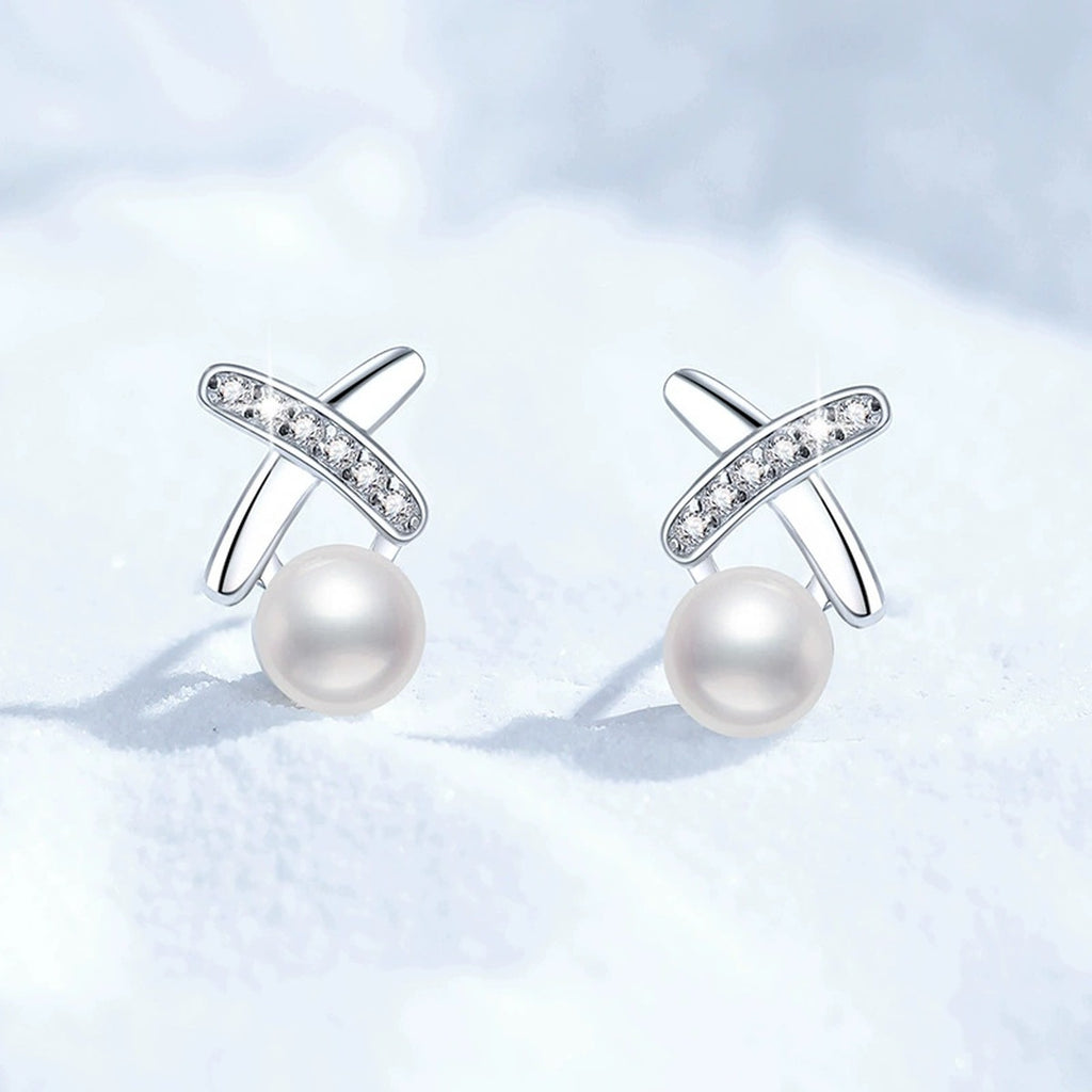 Cross Pearl Stud Earrings with CZ in White Gold-Plated S925 Sterling Silver close-up product detail view