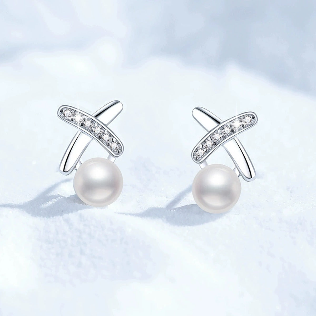 Cross Pearl Stud Earrings with CZ in White Gold-Plated S925 Sterling Silver close-up product detail view