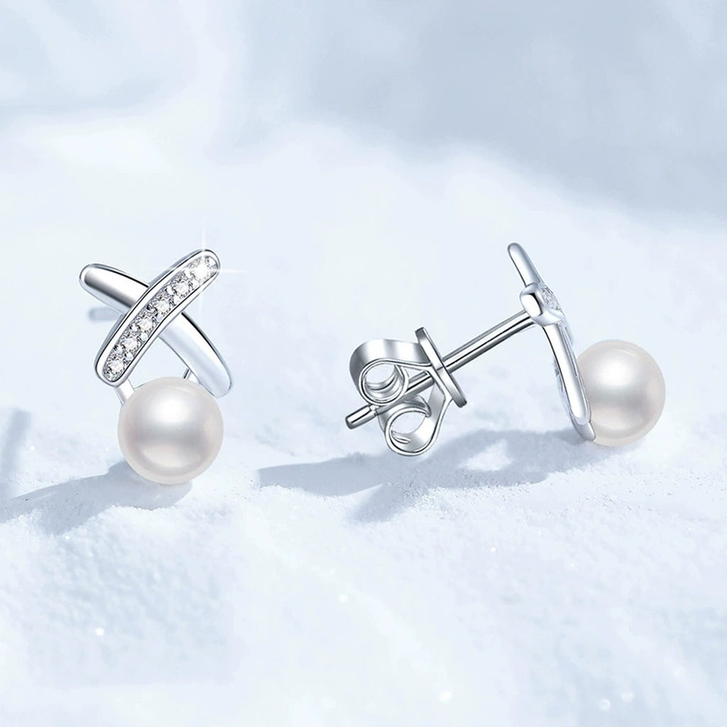 Cross Pearl Stud Earrings with CZ in White Gold-Plated S925 Sterling Silver close-up product detail view
