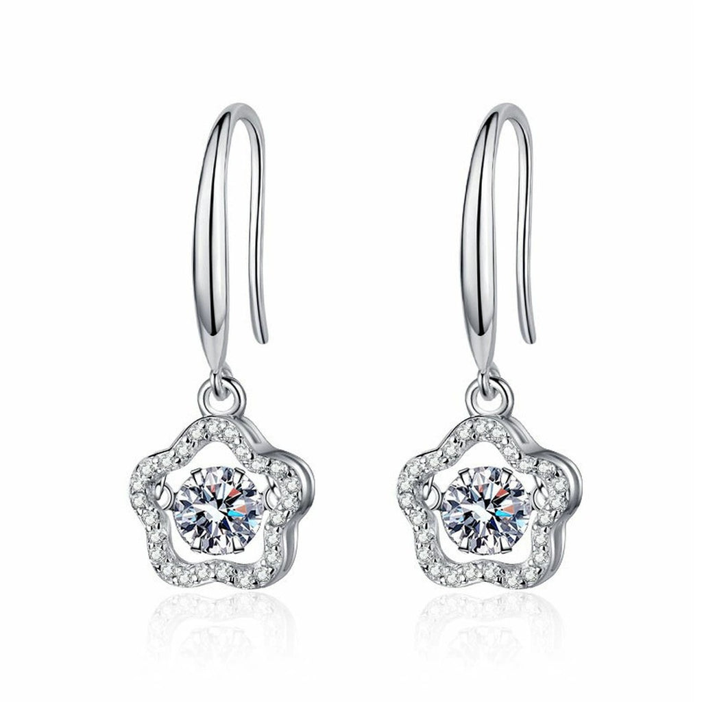 Floral Moissanite Drop Earrings with CZ in White Gold-Plated S925 Silver on clean white background showing slim drop earrings with petite floral moissanite clusters