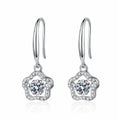 Floral Moissanite Drop Earrings with CZ in White Gold-Plated S925 Silver on clean white background showing slim drop earrings with petite floral moissanite clusters