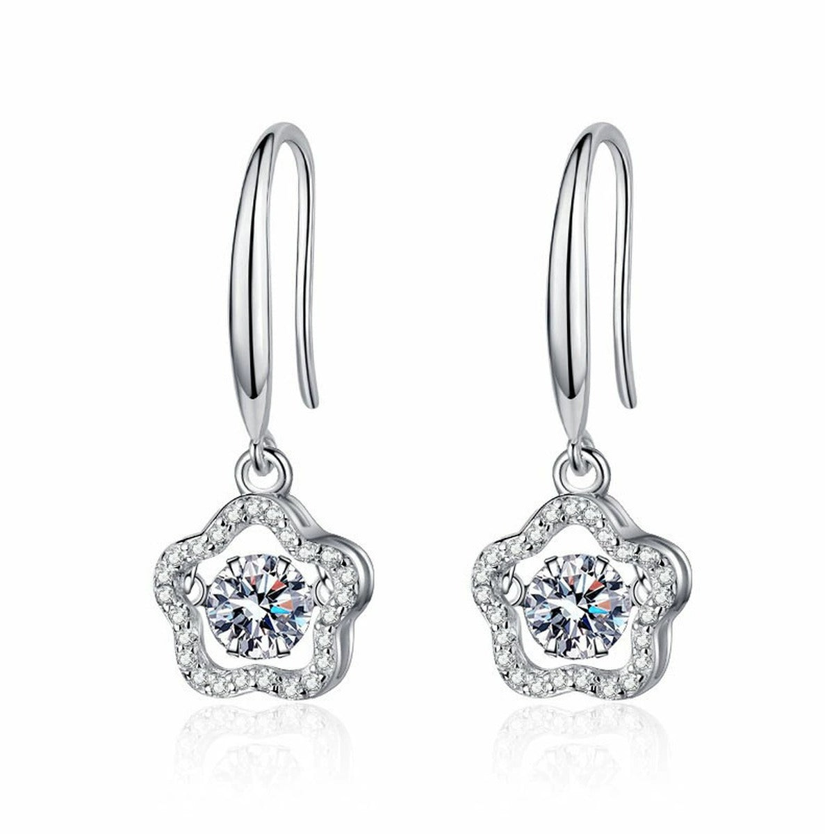 Floral Moissanite Drop Earrings with CZ in White Gold-Plated S925 Silver on clean white background showing slim drop earrings with petite floral moissanite clusters