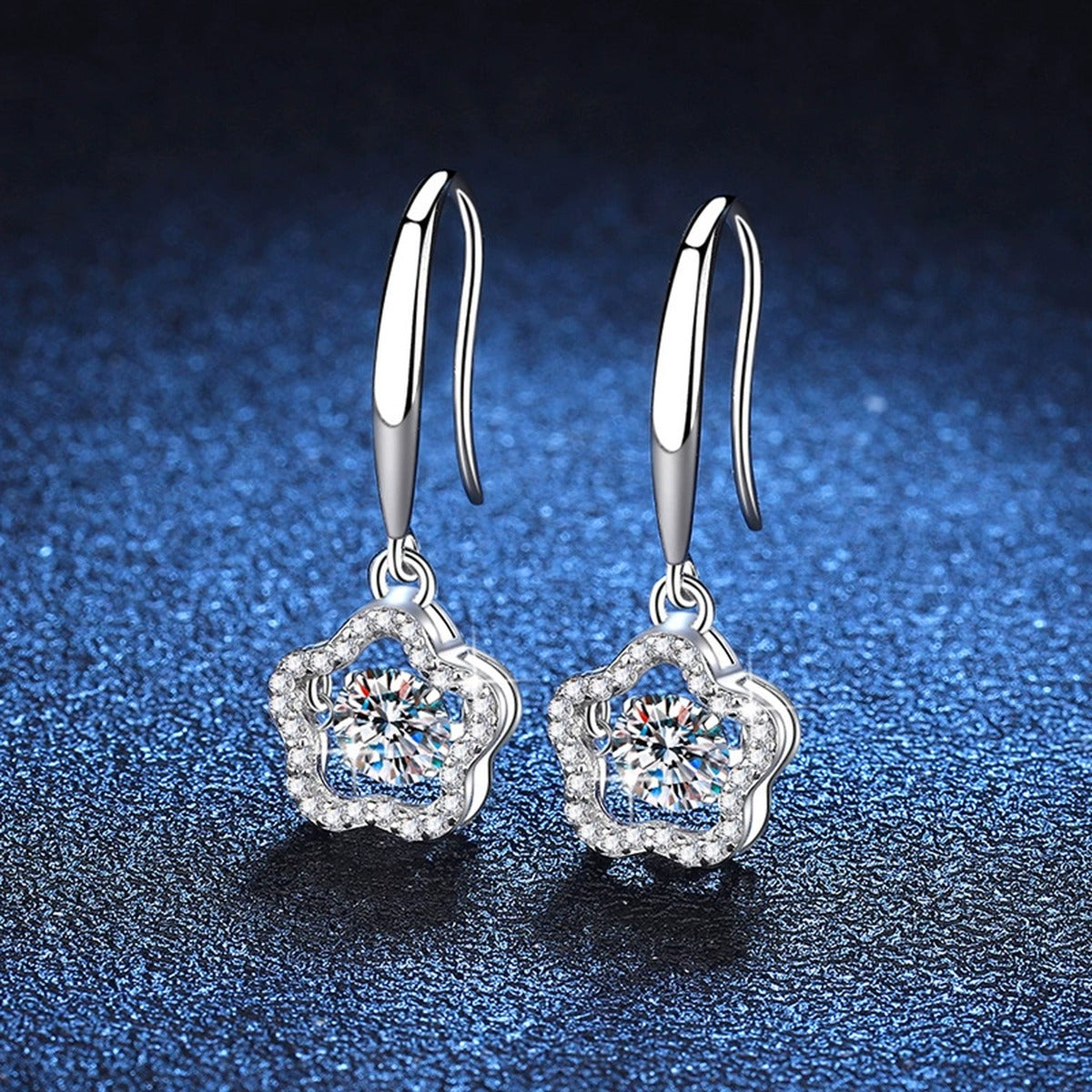 Floral Moissanite Drop Earrings with CZ in White Gold-Plated S925 Silver blue scene product view