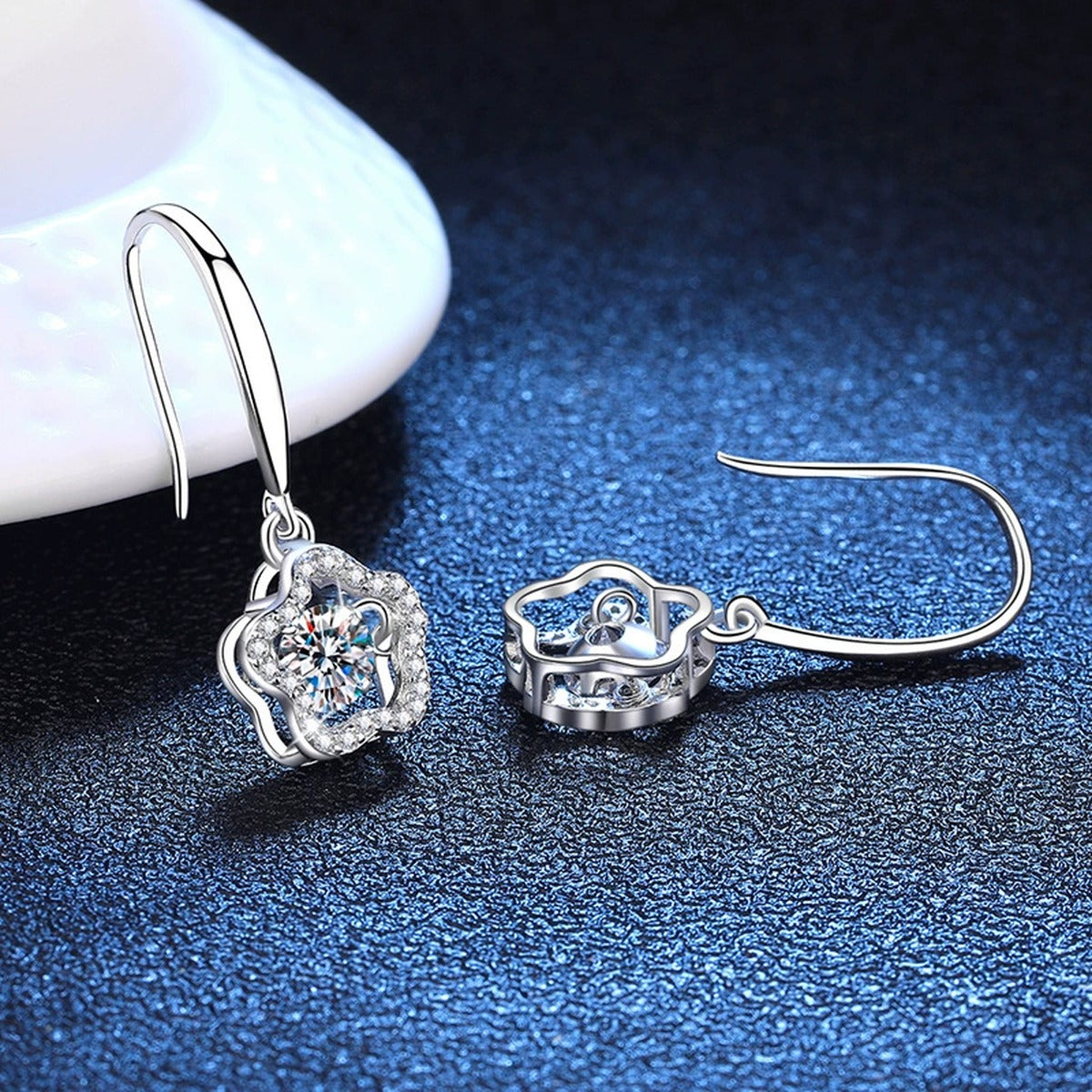 Floral Moissanite Drop Earrings with CZ in White Gold-Plated S925 Silver blue scene angled view