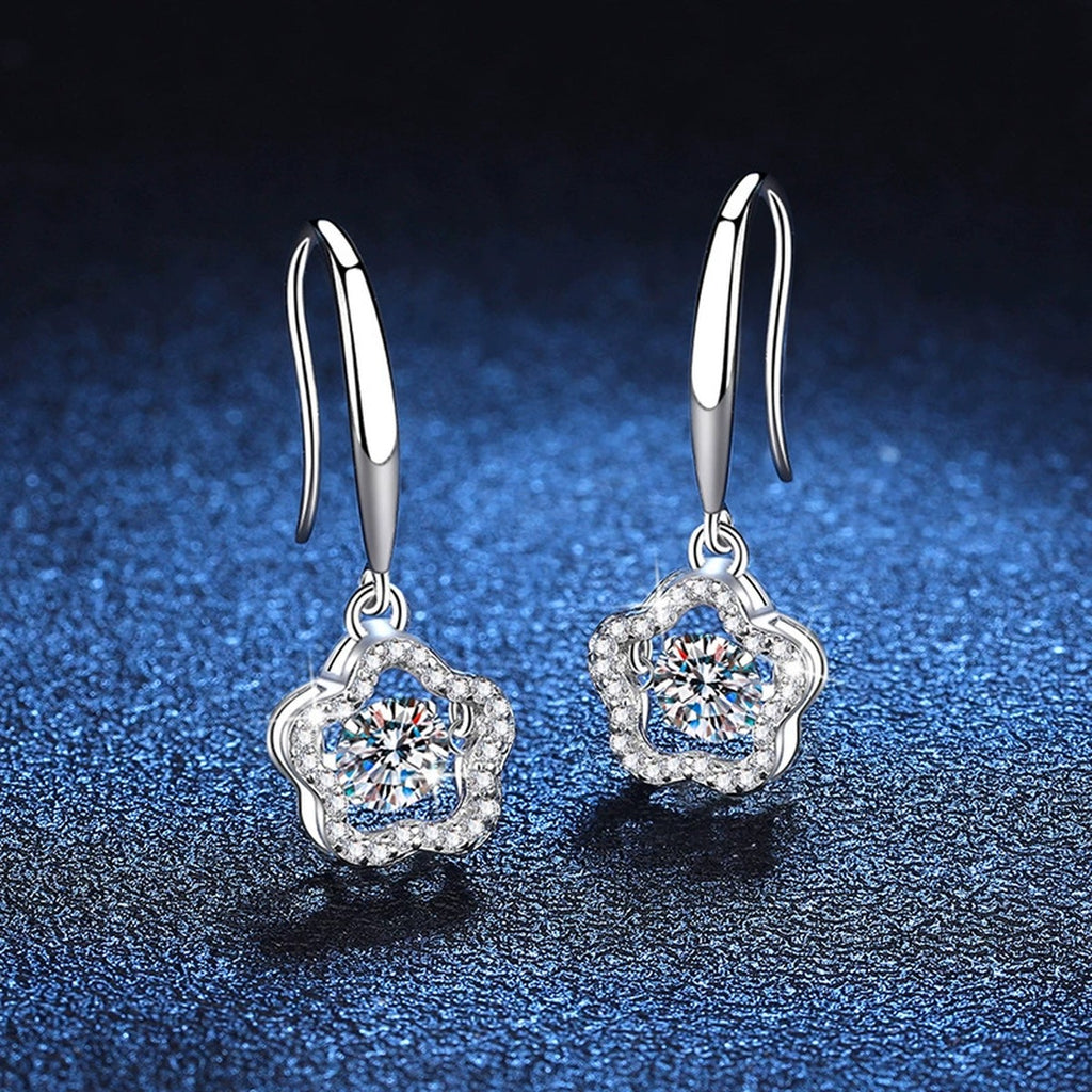 Floral Moissanite Drop Earrings with CZ in White Gold-Plated S925 Silver blue scene close-up view