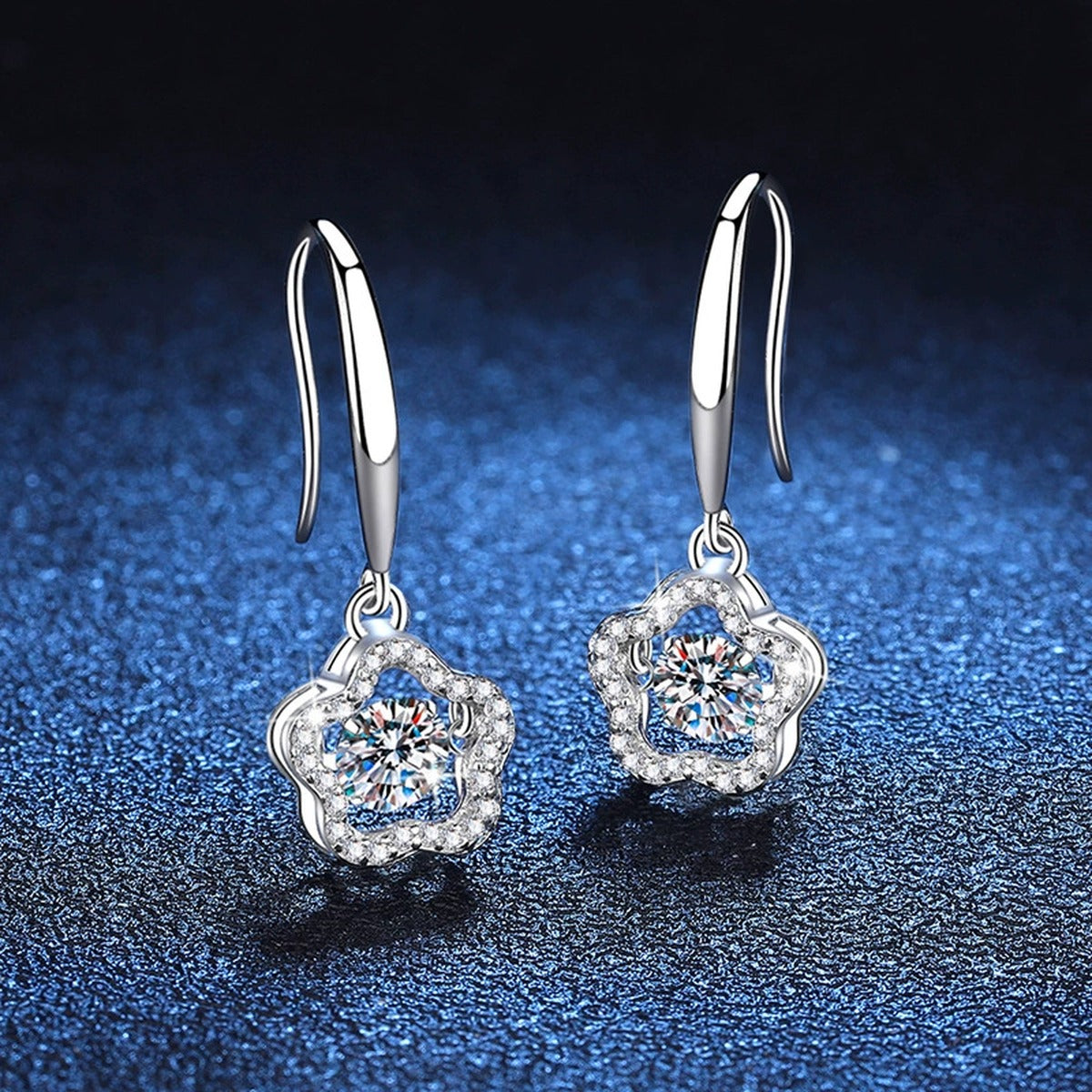 Floral Moissanite Drop Earrings with CZ in White Gold-Plated S925 Silver blue scene close-up view