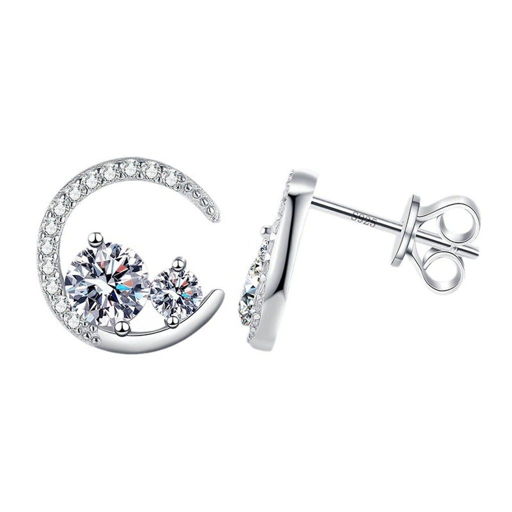 Moon Moissanite Stud Earrings with CZ in White Gold-Plated S925 Silver on clean white background showing crescent moon stud earrings with a petite moissanite accent