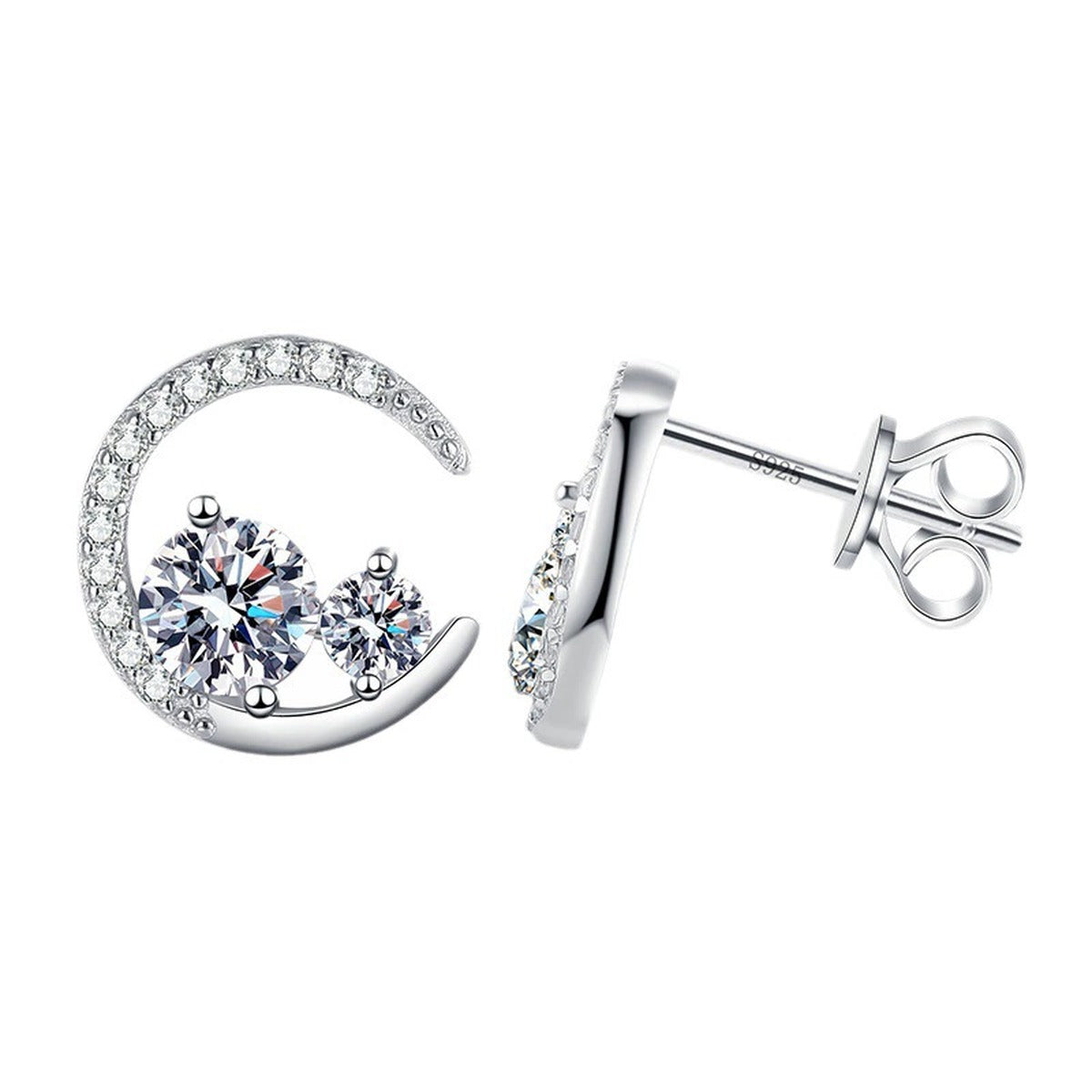 Moon Moissanite Stud Earrings with CZ in White Gold-Plated S925 Silver on clean white background showing crescent moon stud earrings with a petite moissanite accent