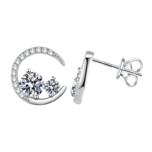 Moon Moissanite Stud Earrings with CZ in White Gold-Plated S925 Silver on clean white background showing crescent moon stud earrings with a petite moissanite accent