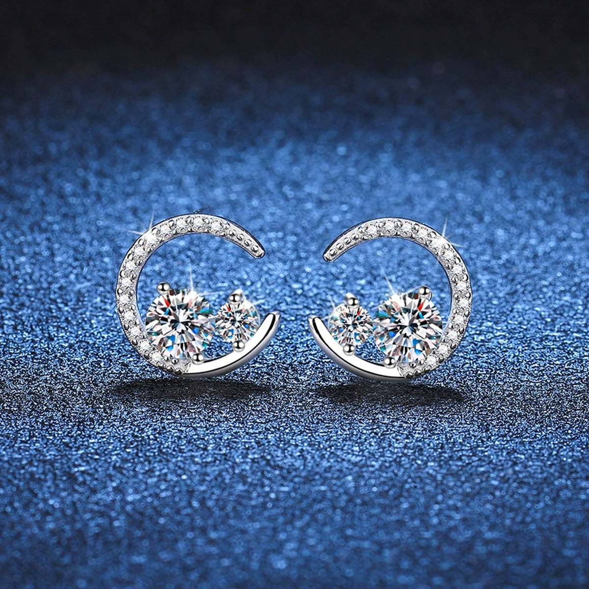 Moon Moissanite Stud Earrings with CZ in White Gold-Plated S925 Silver blue scene product view
