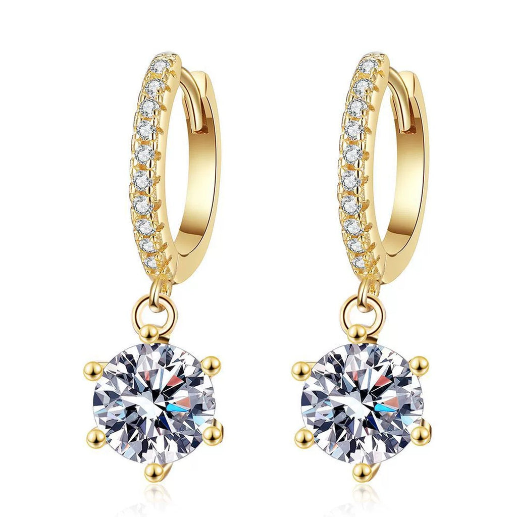 Floral Moissanite Hoop Drop Earrings with CZ in Gold-Plated S925 Silver on clean white background showing yellow gold hoop drop earrings with a floral moissanite cluster