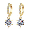 Floral Moissanite Hoop Drop Earrings with CZ in Gold-Plated S925 Silver on clean white background showing yellow gold hoop drop earrings with a floral moissanite cluster