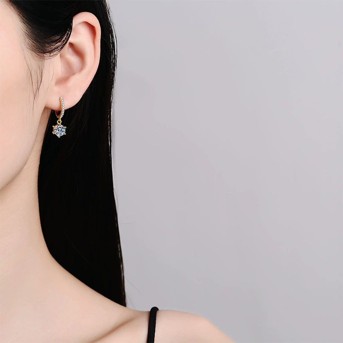 Floral Moissanite Hoop Drop Earrings with CZ in Gold-Plated S925 Silver worn on ear by model