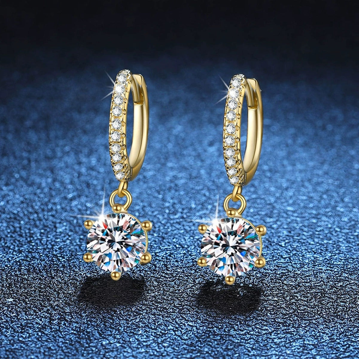 Floral Moissanite Hoop Drop Earrings with CZ in Gold-Plated S925 Silver blue scene angled view
