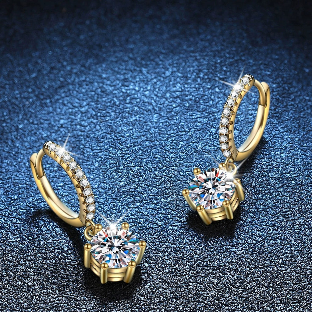 Floral Moissanite Hoop Drop Earrings with CZ in Gold-Plated S925 Silver blue scene close-up view