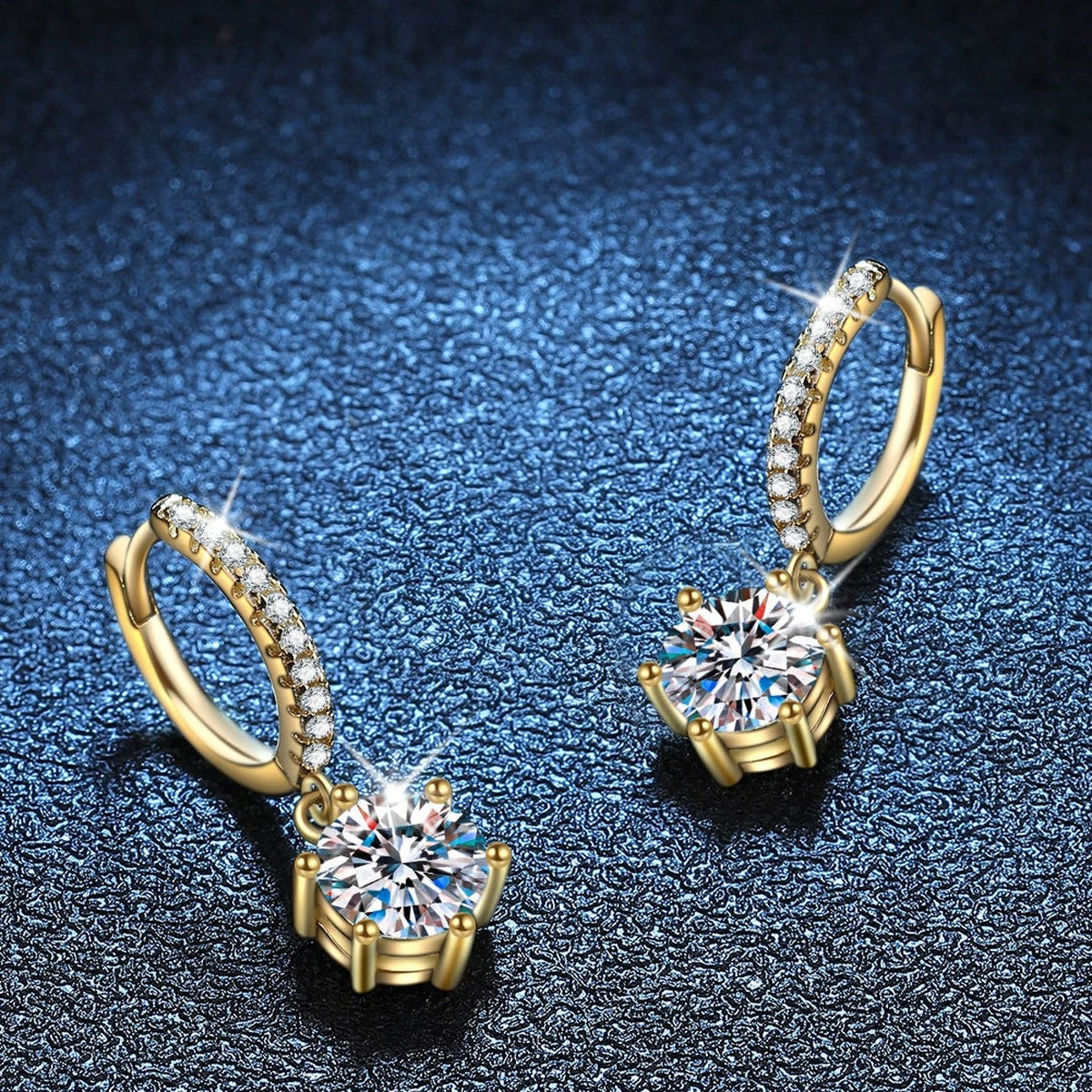 Floral Moissanite Hoop Drop Earrings with CZ in Gold-Plated S925 Silver blue scene close-up view
