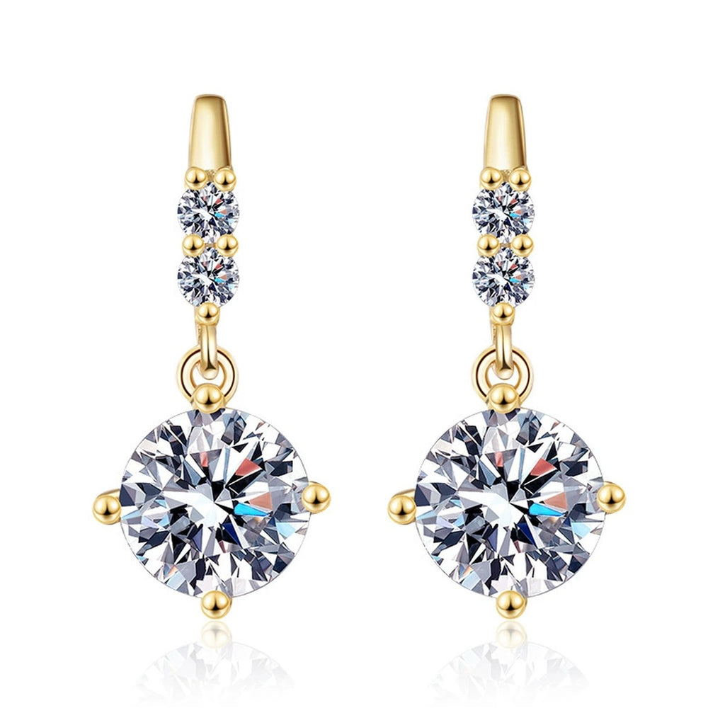 Floral Moissanite Drop Earrings with CZ in Gold-Plated S925 Silver on clean white background showing yellow gold floral drop earrings with a round moissanite center