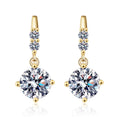 Floral Moissanite Drop Earrings with CZ in Gold-Plated S925 Silver on clean white background showing yellow gold floral drop earrings with a round moissanite center