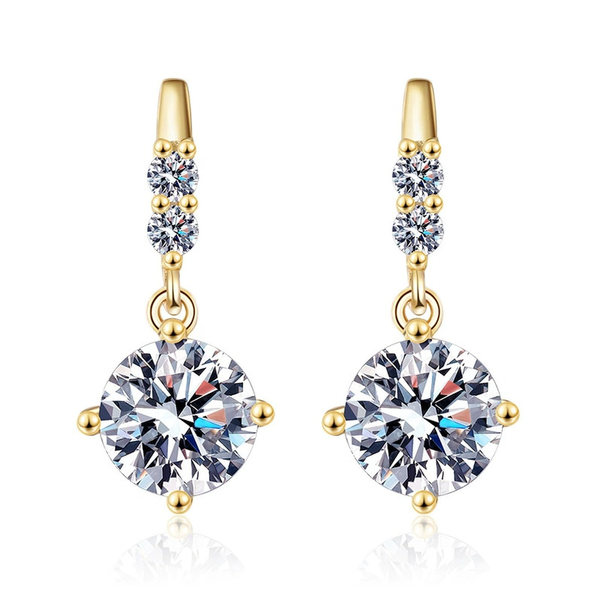 Floral Moissanite Drop Earrings with CZ in Gold-Plated S925 Silver on clean white background showing yellow gold floral drop earrings with a round moissanite center