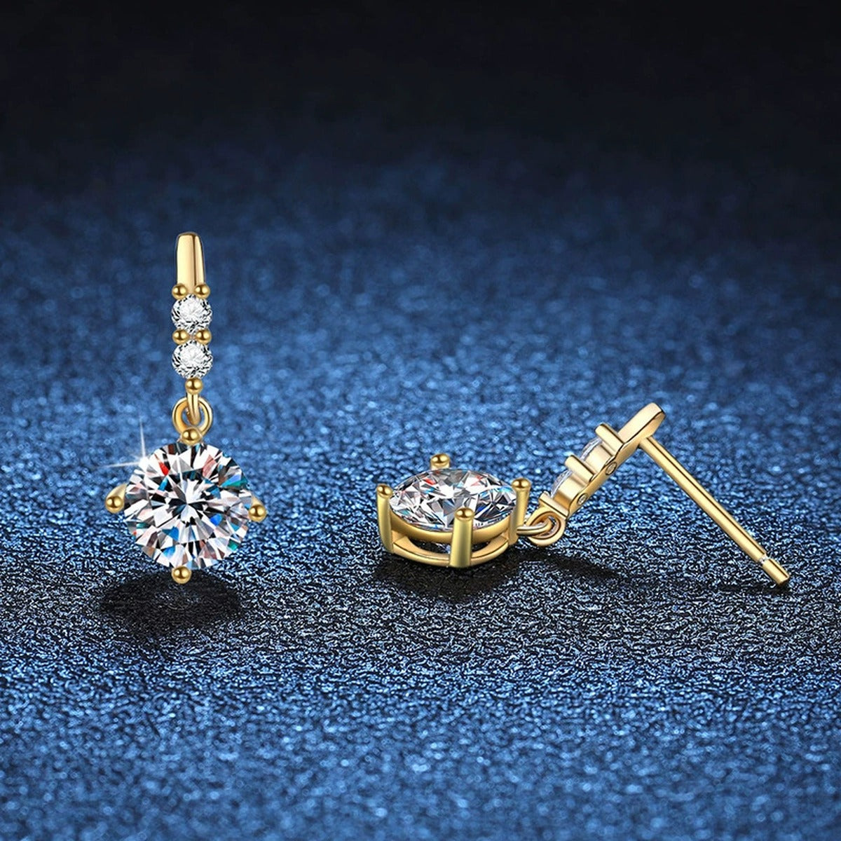 Floral Moissanite Drop Earrings with CZ in Gold-Plated S925 Silver blue scene angled view