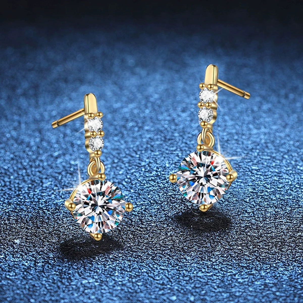 Floral Moissanite Drop Earrings with CZ in Gold-Plated S925 Silver blue scene close-up view
