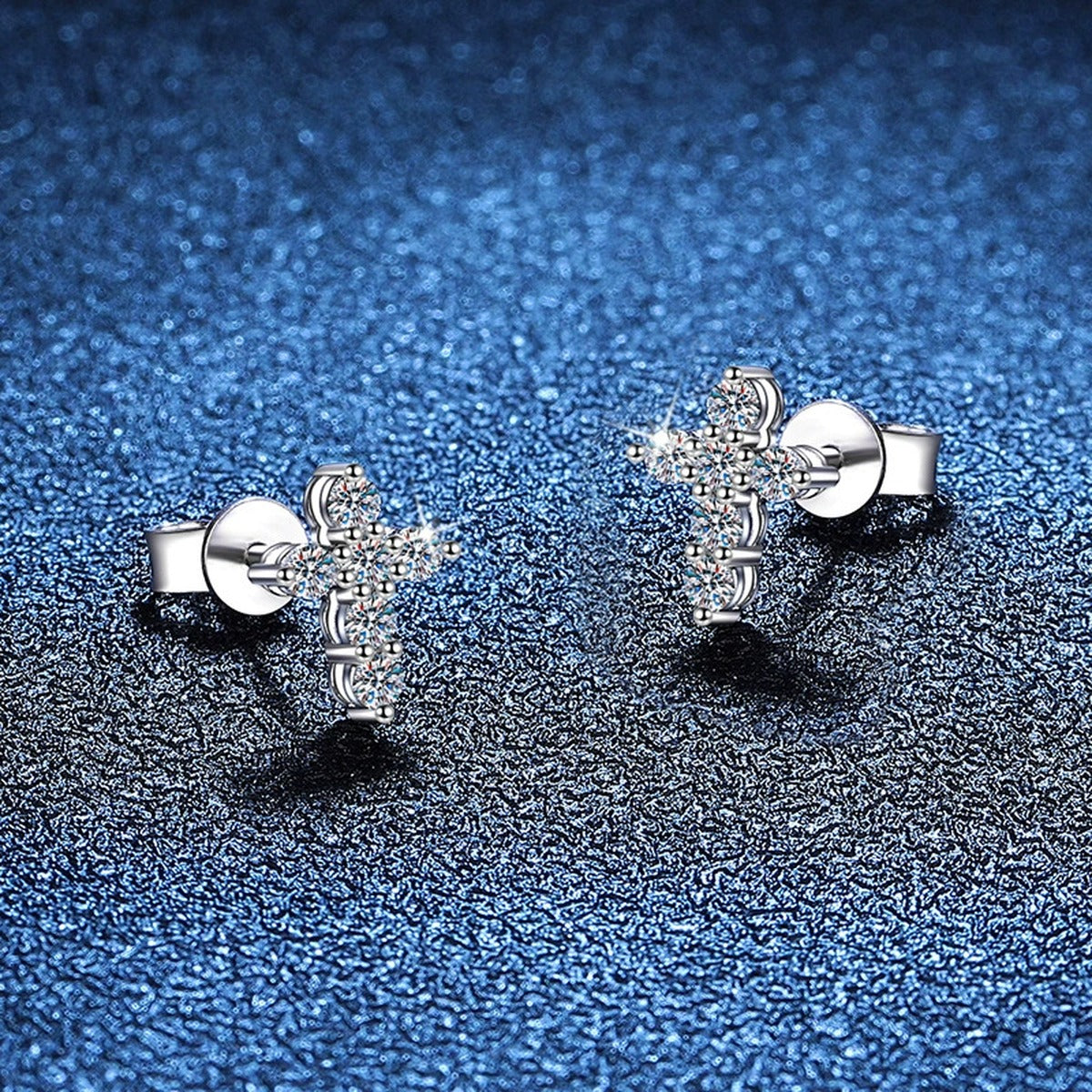 Floral Moissanite Stud Earrings in Gold-Plated S925 Sterling Silver blue scene product view