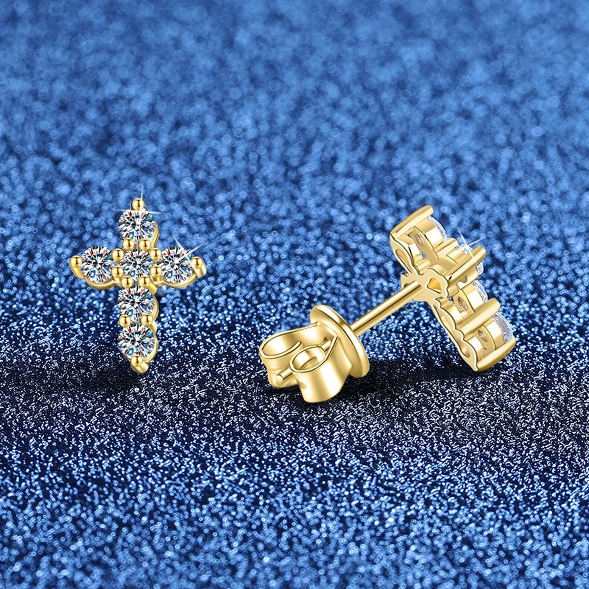 Floral Moissanite Stud Earrings in Gold-Plated S925 Sterling Silver blue scene angled view