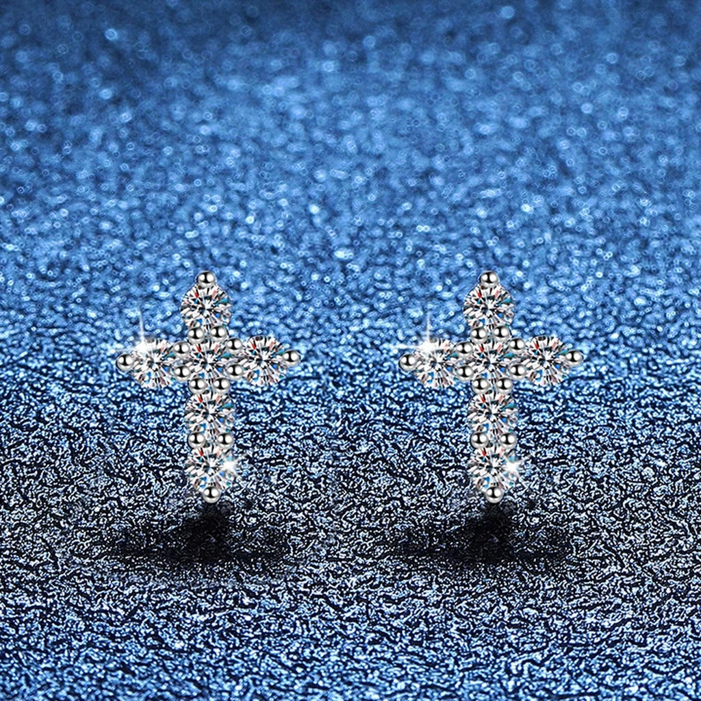 Floral Moissanite Stud Earrings in Gold-Plated S925 Sterling Silver blue scene close-up view