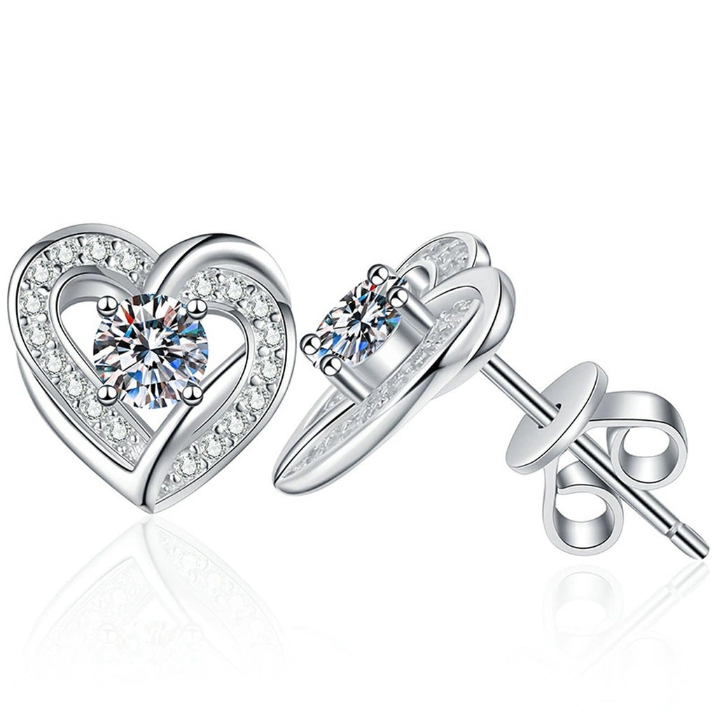 Heart Moissanite Stud Earrings with CZ in White Gold-Plated S925 Silver on clean white background showing heart-shaped stud earrings with a round moissanite center