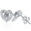 Heart Moissanite Stud Earrings with CZ in White Gold-Plated S925 Silver on clean white background showing heart-shaped stud earrings with a round moissanite center
