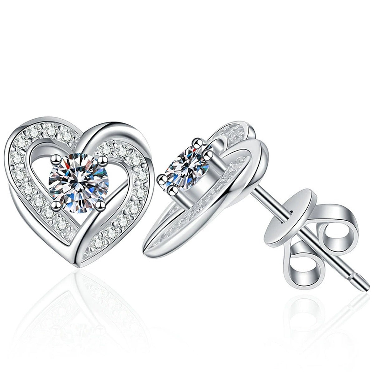 Heart Moissanite Stud Earrings with CZ in White Gold-Plated S925 Silver on clean white background showing heart-shaped stud earrings with a round moissanite center