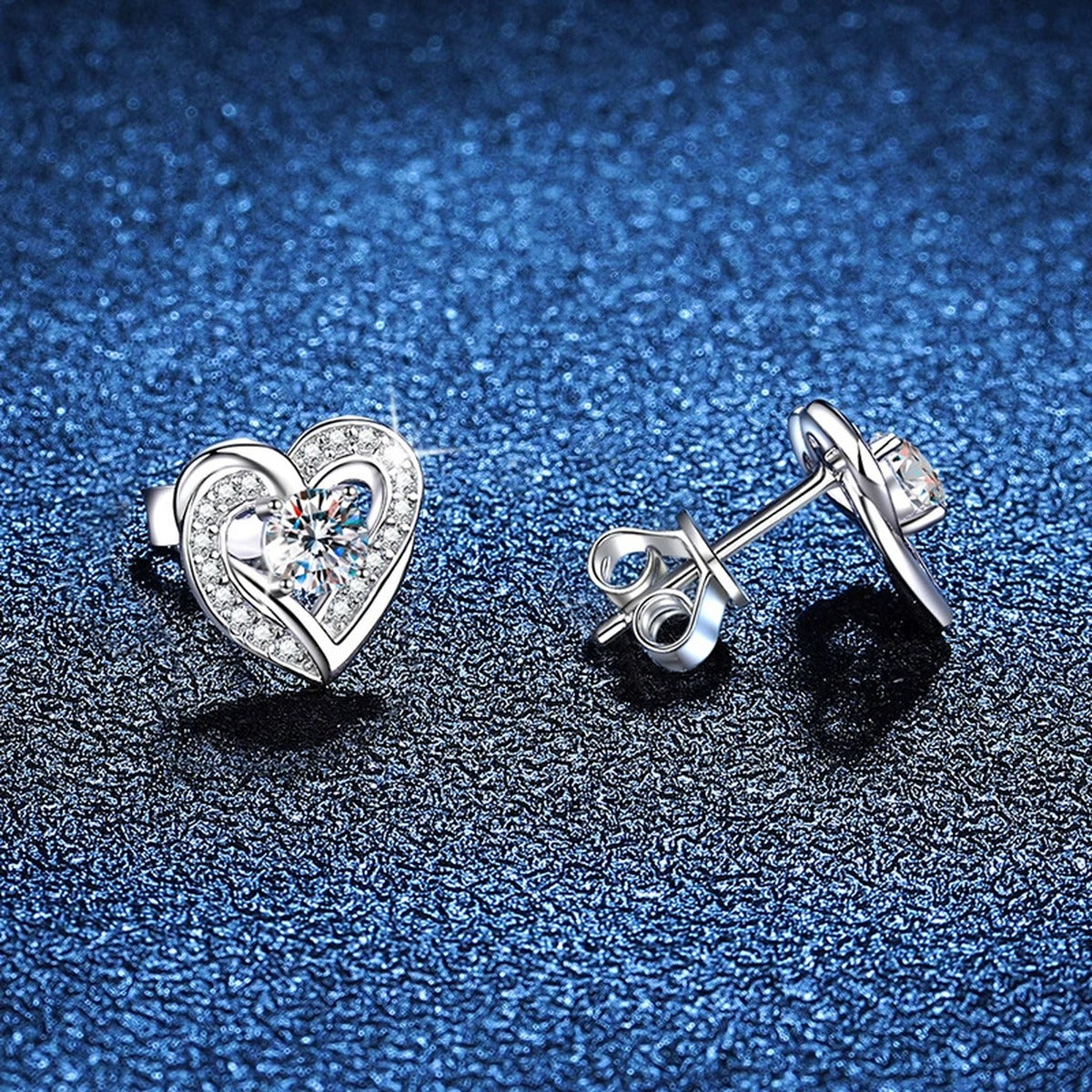 Heart Moissanite Stud Earrings with CZ in White Gold-Plated S925 Silver blue scene product view