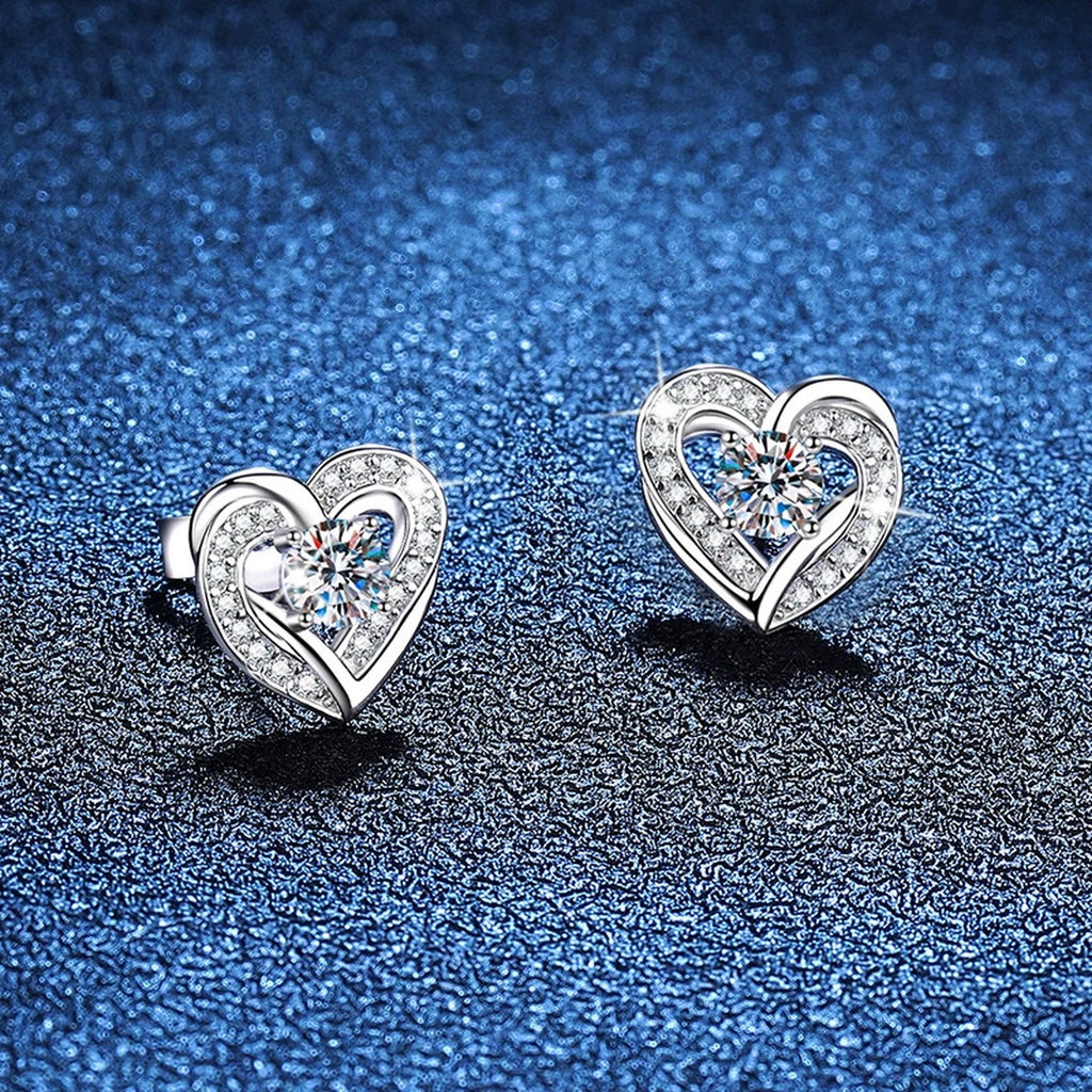 Heart Moissanite Stud Earrings with CZ in White Gold-Plated S925 Silver blue scene angled view