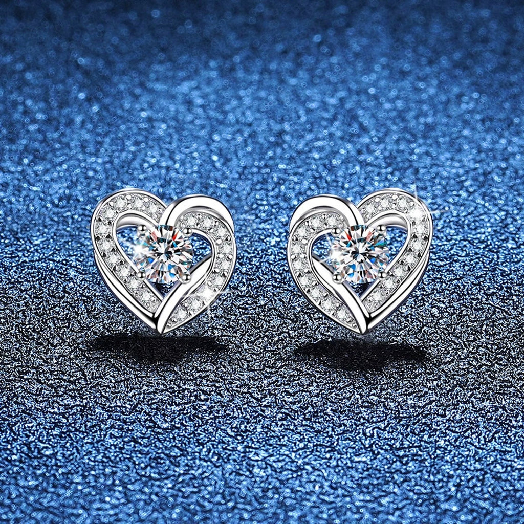 Heart Moissanite Stud Earrings with CZ in White Gold-Plated S925 Silver blue scene close-up view
