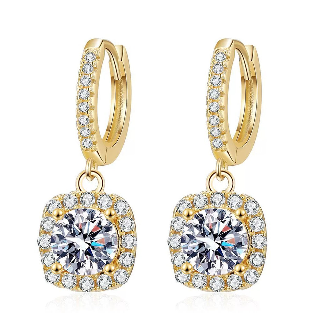 Round Moissanite Hoop Drop Earrings with CZ in Yellow Gold-Plated S925 on clean white background showing yellow gold hoop drop earrings with a round moissanite cluster