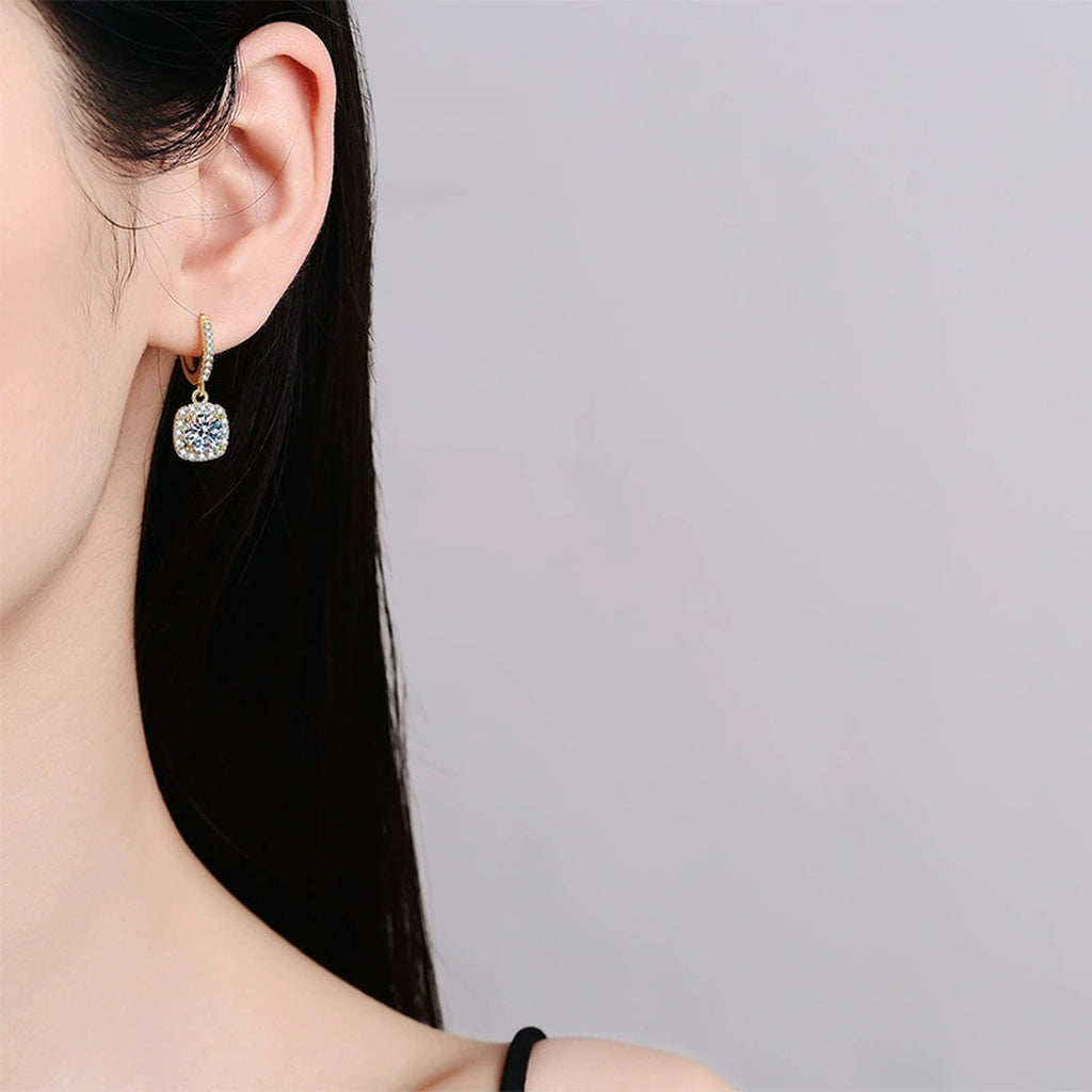 Round Moissanite Hoop Drop Earrings with CZ in Yellow Gold-Plated S925 worn on ear by model