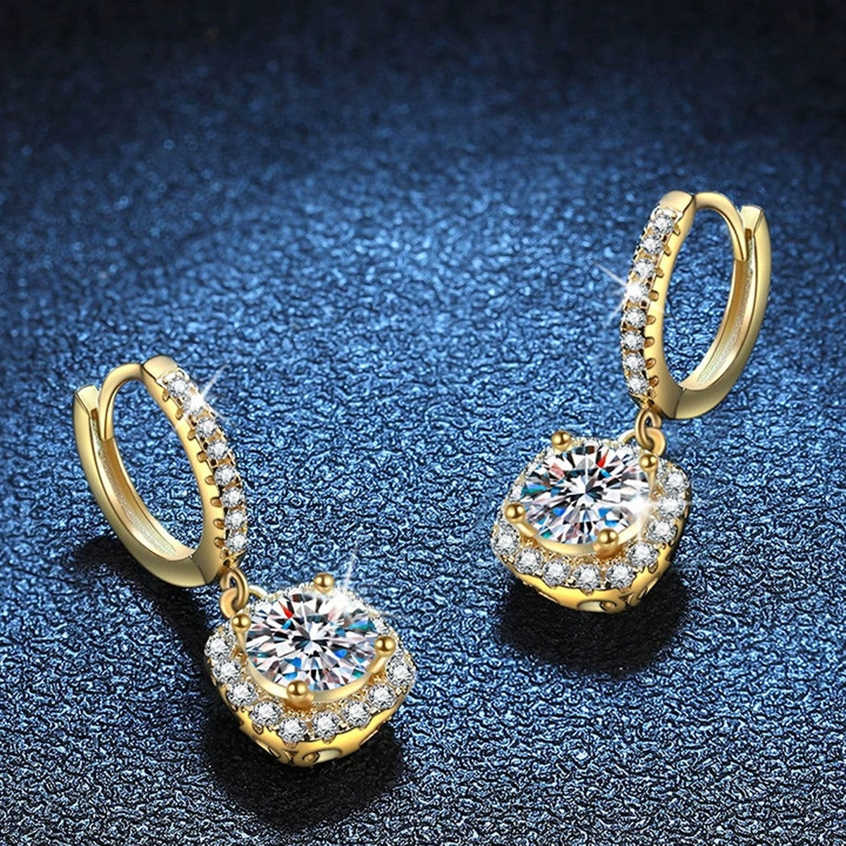 Round Moissanite Hoop Drop Earrings with CZ in Yellow Gold-Plated S925 blue scene product view