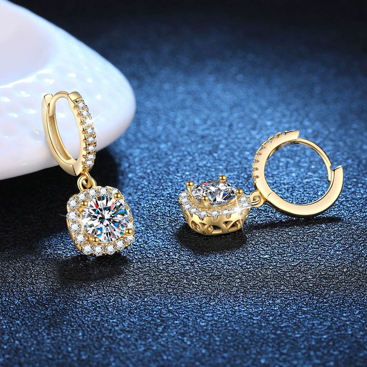 Round Moissanite Hoop Drop Earrings with CZ in Yellow Gold-Plated S925 blue scene angled view