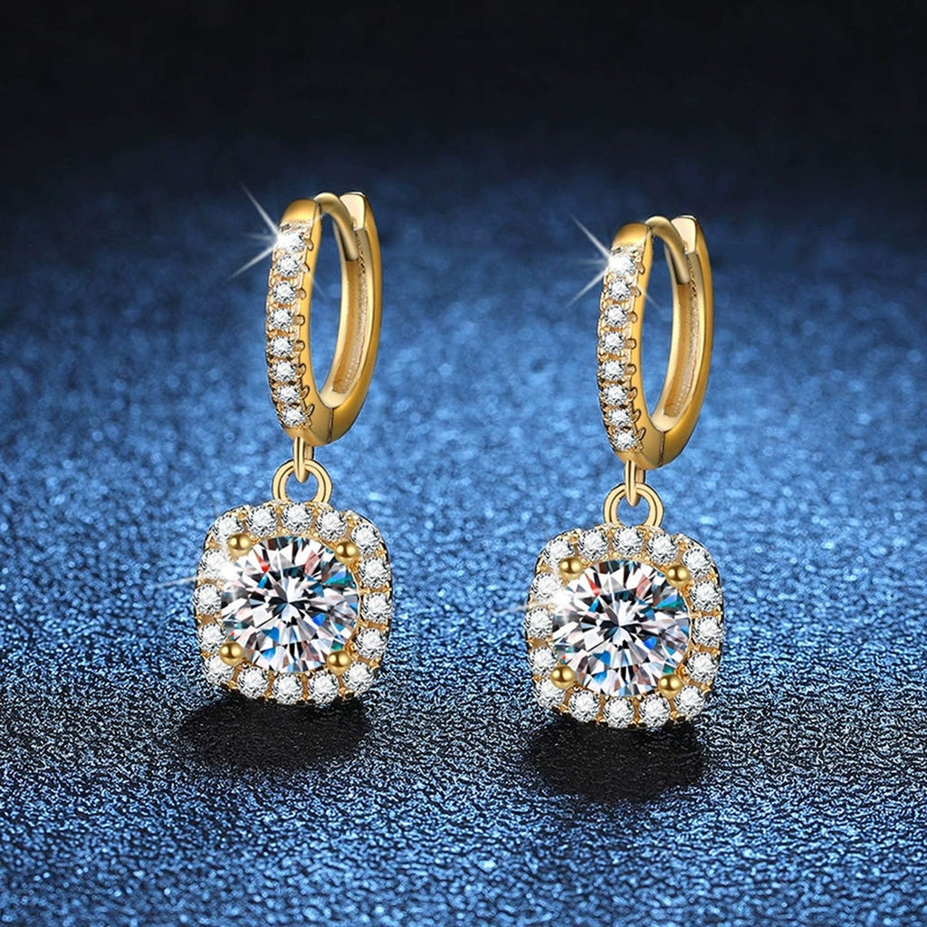 Round Moissanite Hoop Drop Earrings with CZ in Yellow Gold-Plated S925 blue scene close-up view