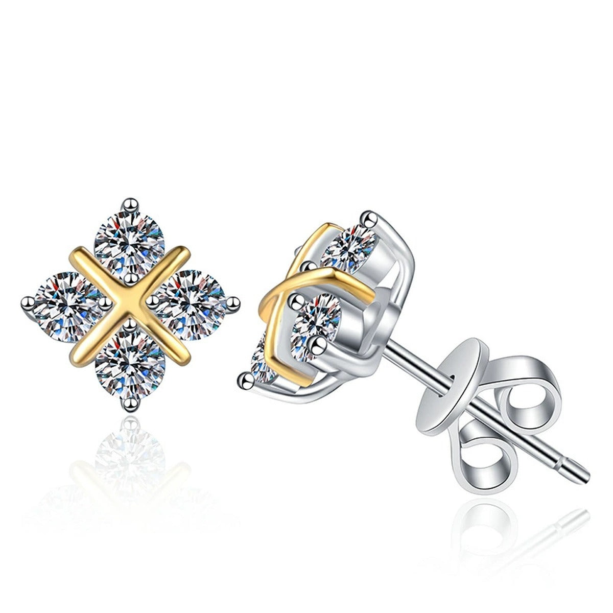 Two-Tone Moissanite X Stud Earrings in Gold-Plated S925 Sterling Silver on clean white background showing a two-tone X-shaped four-stone stud silhouette