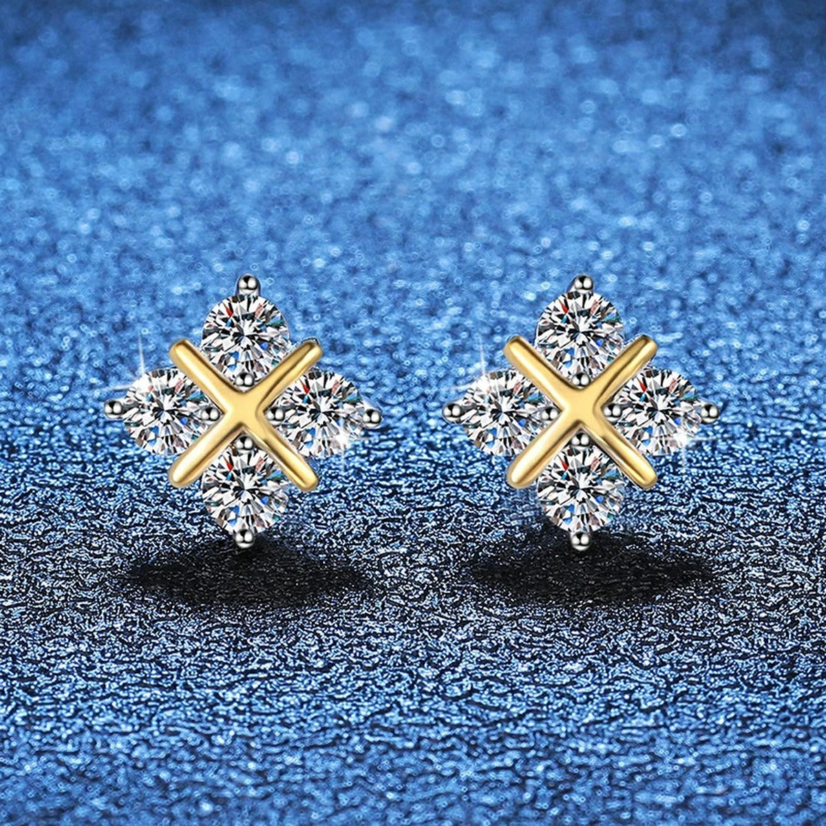Two-Tone Moissanite X Stud Earrings in Gold-Plated S925 Sterling Silver blue scene product view