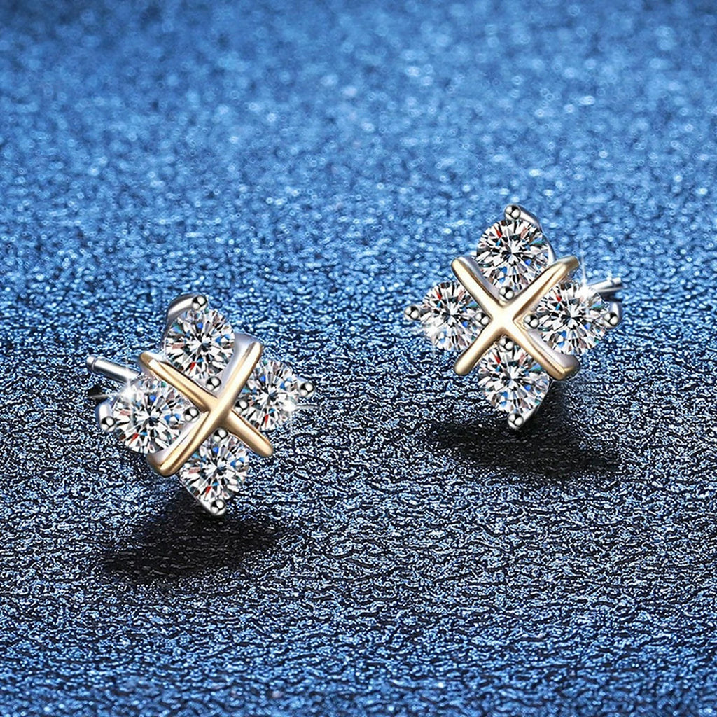 Two-Tone Moissanite X Stud Earrings in Gold-Plated S925 Sterling Silver blue scene angled view