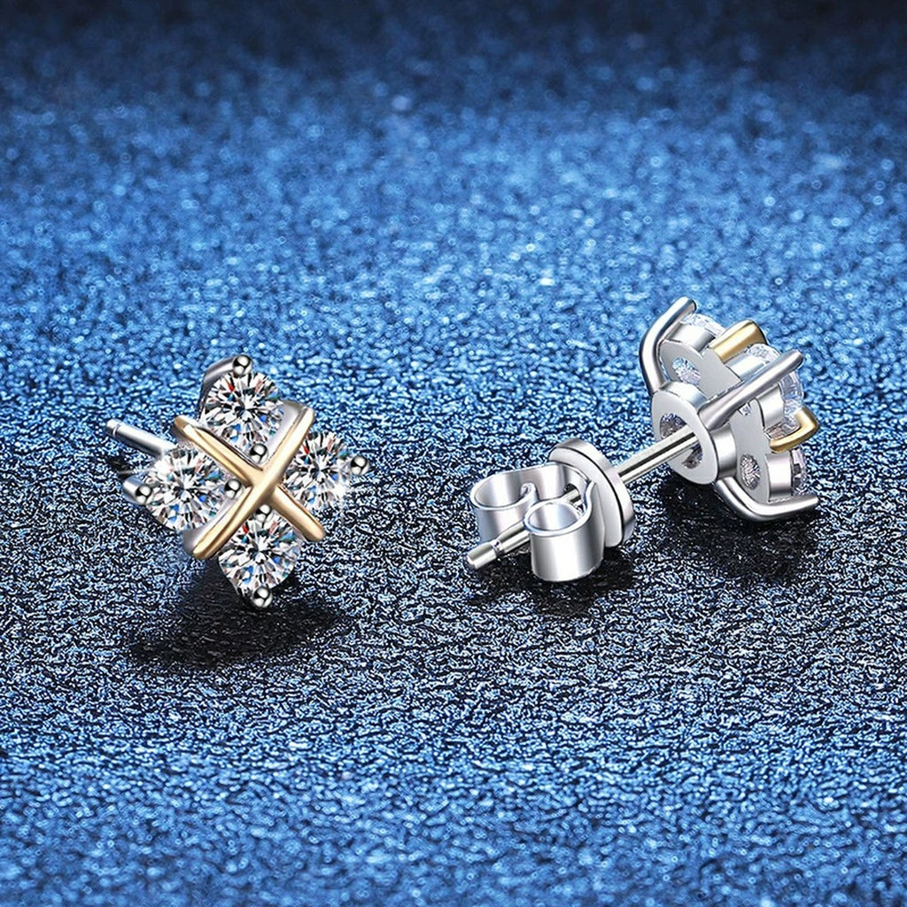 Two-Tone Moissanite X Stud Earrings in Gold-Plated S925 Sterling Silver blue scene close-up view