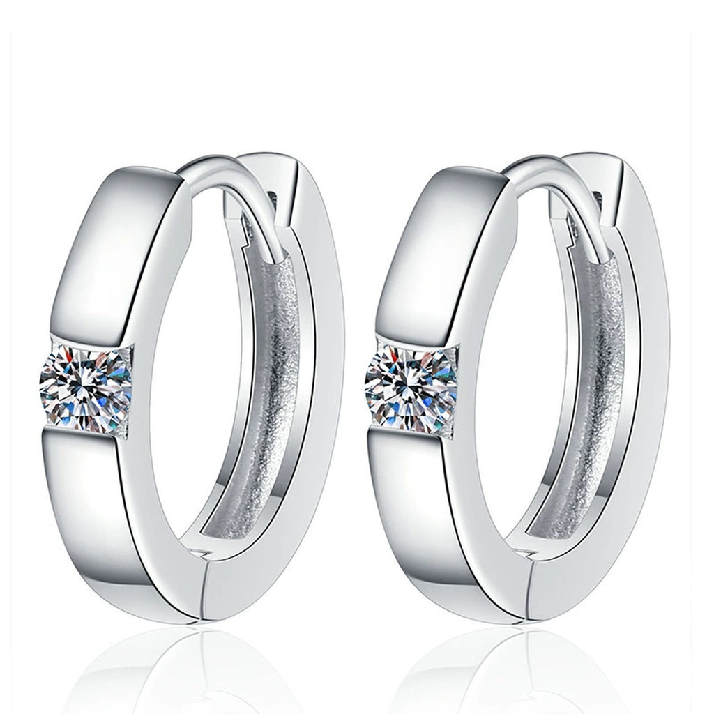Moissanite Hoop Earrings in Gold-Plated S925 Sterling Silver on clean white background showing smooth hoop earrings with a petite moissanite accent