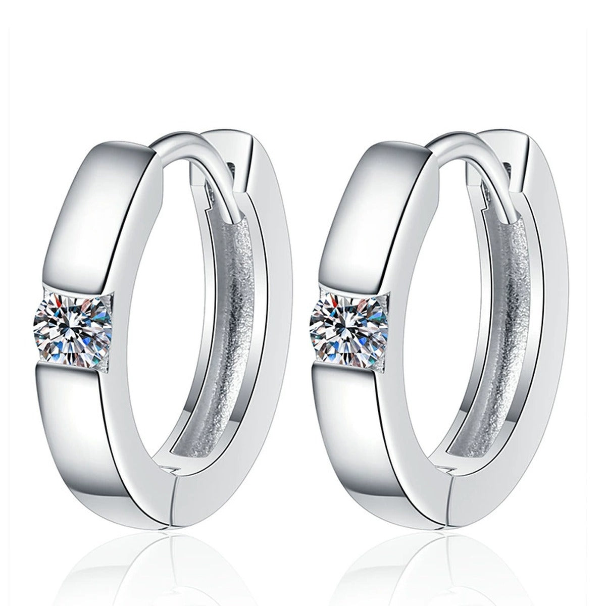 Moissanite Hoop Earrings in Gold-Plated S925 Sterling Silver on clean white background showing smooth hoop earrings with a petite moissanite accent