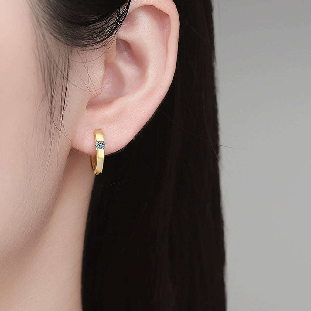 Moissanite Hoop Earrings in Gold-Plated S925 Sterling Silver worn on ear by model